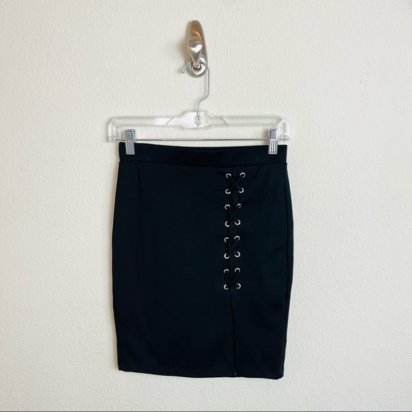 NWT Forever 21 Black Lace Up Grommet Slit Mini Pencil Skirt